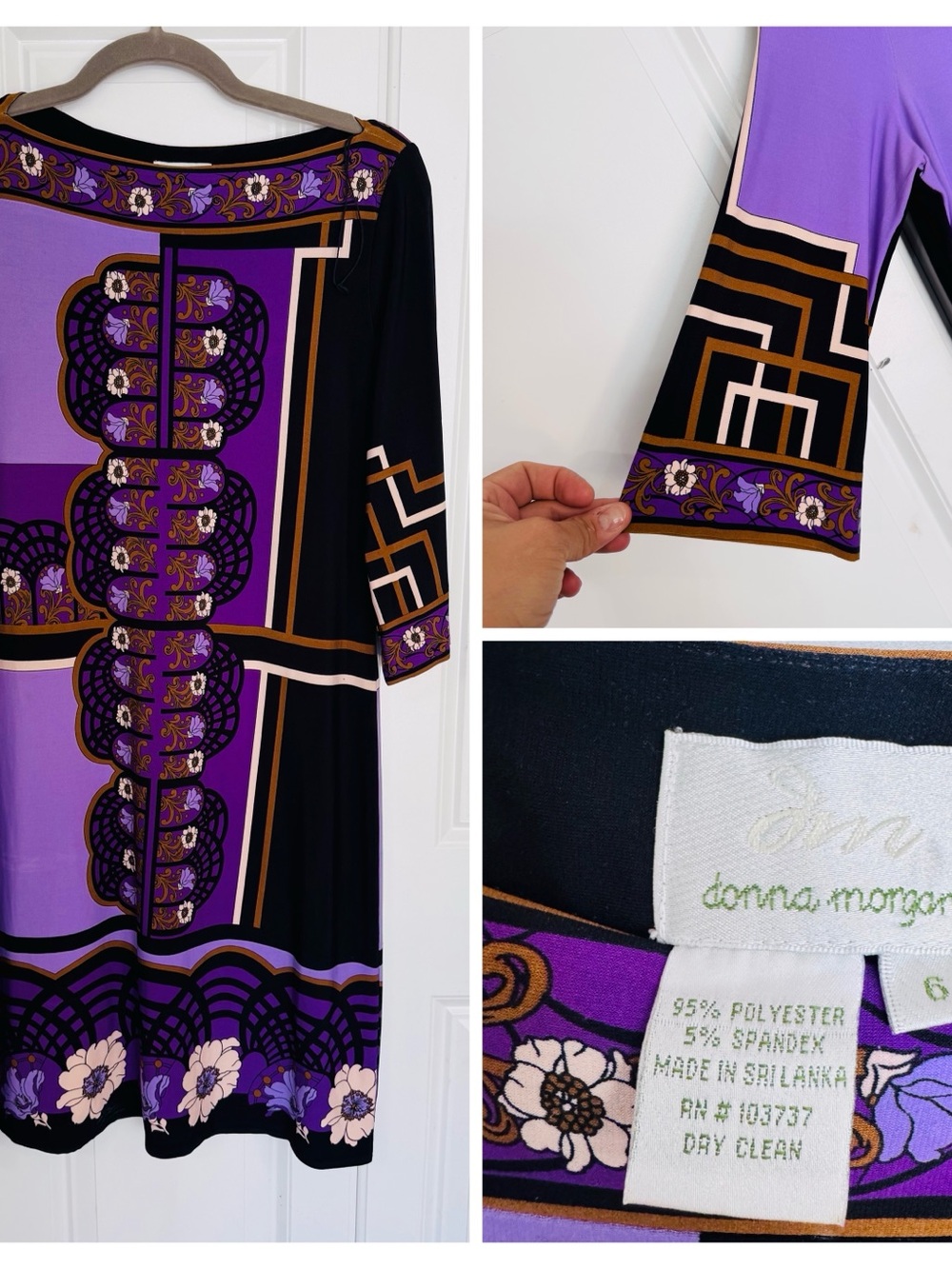 Donna Morgan Purple, Black and Gold Printed Midi Dress